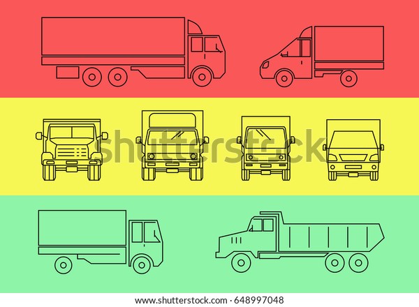 Vector\
linear illustration of trucks, isolated on red, yellow and green\
background. Flat style. Black strokes. Front and side view. Good\
for advertisement, banners, posters and\
cards.
