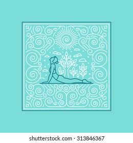 Vector linear illustration for t-shirt print, poster or greeting card - yoga concept - linear icons and frame with ornamental background