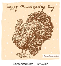 Vector linear illustration of the turkey and handwritten text Happy Thanksgiving Day. Hand drawn sketch of the farm turkey on the textured paper background.
