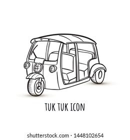 Vector linear illustration of tut-tuk rickshaw common in India, Thailand, Bangkok, Cambodia. Asian auto car or baby taxi, traditional city vehicle. For logo, icon, post card, promo, printing.