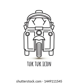 Vector linear illustration of tut-tuk rickshaw common in India, Thailand, Bangkok, Cambodia. Asian auto car or baby taxi, traditional city vehicle. For logo, icon, post card, promo, printing