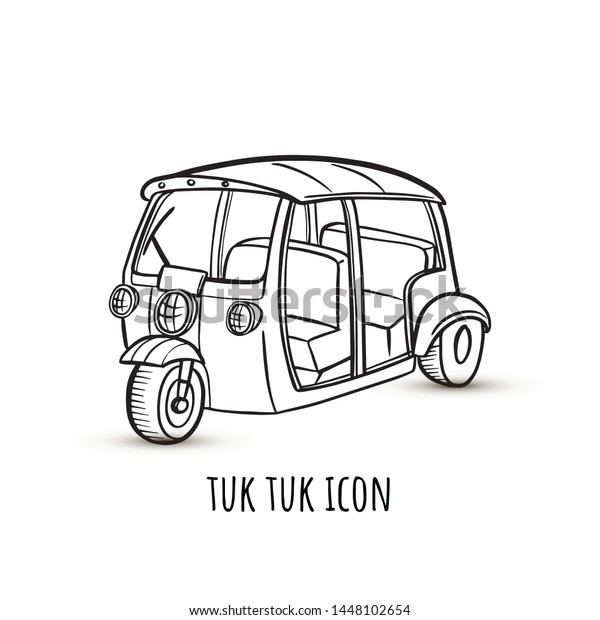 Vector linear illustration of tut-tuk rickshaw\
common in India, Thailand, Bangkok, Cambodia. Asian auto car or\
baby taxi, traditional city vehicle. For logo, icon, post card,\
promo, printing.