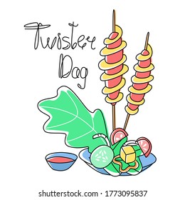 Ilustración lineal vectorial Perro Twister con lechuga y ketchup, pasta de tomate. El concepto de restaurantes de comida rápida, cantinas, chiringuitos. Se puede usar en banners, diseño web, etc. Formato cuadrado.
