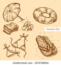 Vector linear illustration of umbrella, towel, flip-flop, swimsuit, inflatable ring on summer beach isolated on paper background with abstract texture. Hand drawn sketch in retro style. Vintage image
