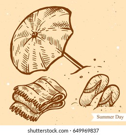 Vector linear illustration of umbrella, towel, flip-flop on summer beach isolated on paper background with abstract texture. Hand drawn sketch in retro style. Image in vintage style for design.
