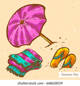 Vector linear illustration of umbrella, towel, flip-flop on summer beach isolated on paper background with abstract texture. Hand drawn sketch in retro style of the seaside. Image in vintage style.