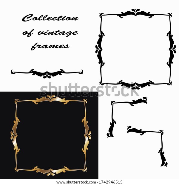 Vector linear
illustration of vintage frames. Isolated image of elements and
frames for cards and
congratulations.