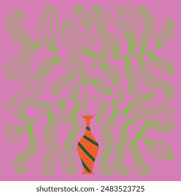 Vector linear illustration of Wavy Plant in the Vase on pink background. Organic Flower and Botanical Art. Design for packaging, prints, decoration