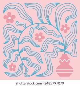 Vector linear illustration of Wavy Plant in the Vase on pink background. Organic Flower and Botanical Art. Design for packaging, prints, decoration