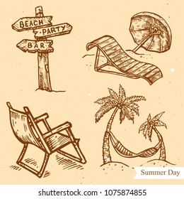 Vector linear illustration of waymark, palms, hammock, chaise-longue, umbrella on summer beach isolated on background with abstract texture. Hand drawn sketch in retro style of pointer on the seaside