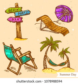 Vector linear illustration of waymark, palms, hammock, chaise-longue, umbrella on summer beach isolated on background with abstract texture. Hand drawn sketch in retro style of pointer on the seaside