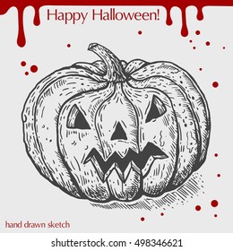Vector linear illustration of the wicked pumpkin with blood stains,spots,drops and text Happy Halloween on the grey background. Hand drawn sketch of the pumpkin with scary face.