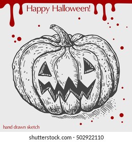Vector linear illustration of the wicked pumpkin with blood stains,spots,drops,text Happy Halloween on the grey background.Hand drawn sketch of the pumpkin with scary face.