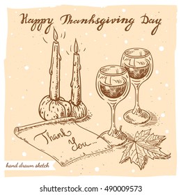 Vector linear illustration of the wineglasses,candles with pumpkins,maple leaf,paper sheet with text Thank You. Hand drawn sketch of the autumn still life for thanksgiving day on the paper background.