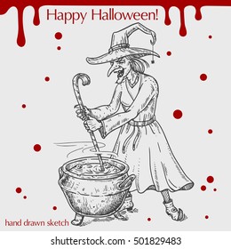 Vector linear illustration of witch cooking potion in pot and text Happy Halloween on the grey background.Hand drawn sketch of the old woman in hat and cauldron.Image in vintage style for your design.