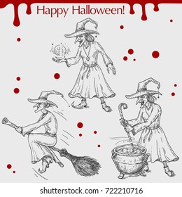 Vector linear illustration of the witch cooking potion in big pot, witch on the broom,text Happy Halloween.Hand drawn sketch of the old woman in hat, spoon, cauldron.Image in vintage style.