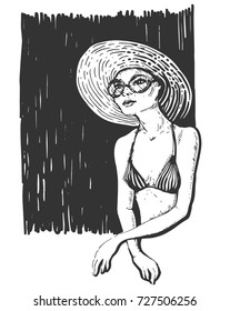 Vector linear illustration of the woman with hat and eyeglasses in swimsuit on the black background. Hand drawn sketch of the fashion model. Portrait of the beautiful girl. 