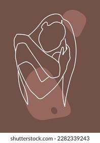 Vector linear illustration of a woman. The woman hugs herself. Early stage of pregnancy.