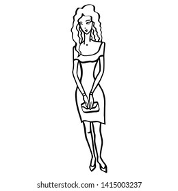 Vector linear illustration of the woman in vintage dress on the white background. Hand drawn sketch of the fashion model in summer dress. Image of the girl with curl hair and bag.