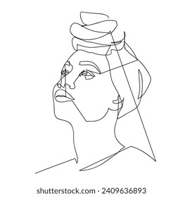 Vector, linear illustration of a woman's face and flowers.