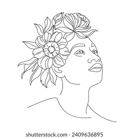 Vector, linear illustration of a woman's face and flowers.