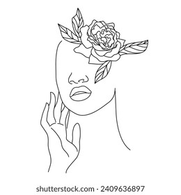 Vector, linear illustration of a woman's face and flowers.