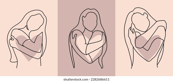 Vector linear illustration of women. The woman hugs herself. Hugs. Minimalistic WomanLine Art logo.