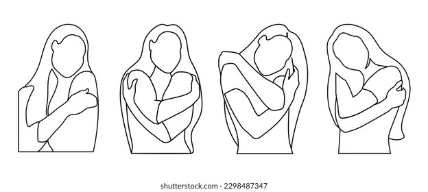 Vector linear illustration of women. The woman hugs herself. Hugs. Minimalistic WomanLine Art logo.