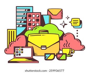 Vector linear illustration of yellow business case in town on white background. Color hand draw line art design for web, site, advertising, banner, poster, board and print.
