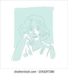 Vector linear illustration of young girl props her face with her hand on soft blue background.