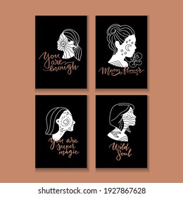 Vector linear illustration with young woman with stars and moon in her head and motivational lettering quotes. Inspirational typography poster. Wild soul female concept