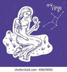 Vector linear illustration of the zodiac sign virgo, symbol from stars at the sky background. Vector hand drawn sketch of the sitting woman with flower. Image for calendar, horoscope.