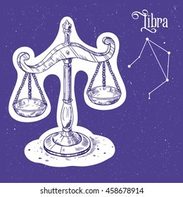 Vector linear illustration of the zodiac sign libra, symbol from stars at the sky background. Vector hand drawn sketch of the scales. Image for calendar, horoscope.