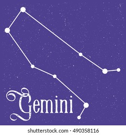 Vector linear illustration of the zodiac sign gemini with text Gemini and symbol from stars at the sky background. Vector image of the constellation. Image for calendar, poster, almanac, horoscope.