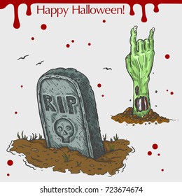 Vector linear illustration of the zombie's hand, headstone, blood stains,spots,drops and text Happy Halloween on the grey background. Hand drawn sketch of the set with Halloween objects.