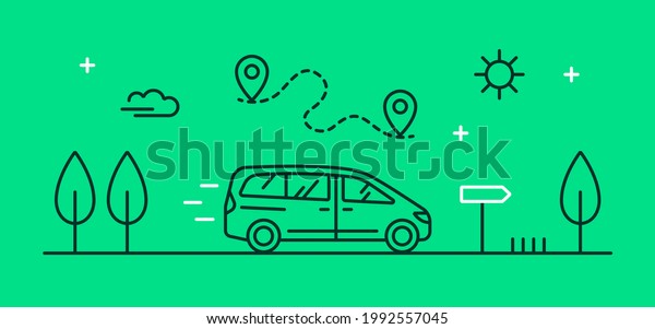 Vector linear illustrations with a family car\
driving on the road. Location and route of the vacation trip.\
Minimalistic outline minivan icon. Concept for the transport,\
logistics and travel\
industry.