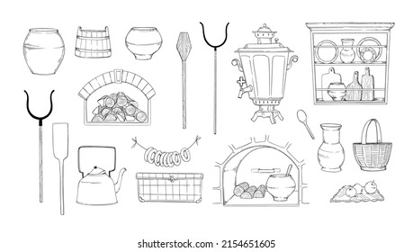 Vector linear illustrations - old style kitchen. Authentic oven, stove interior, samovar, tong, vintage pots, earthenware, firewood. Hand drawn elements. Perfect for menu, delivery, articles, blogs