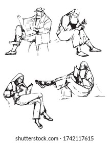 Vector linear illustrations of people who read books. Sketches. Outline.