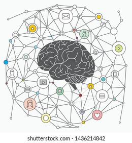 Vector linear image of the brains with an internet connection and a series of linear icons