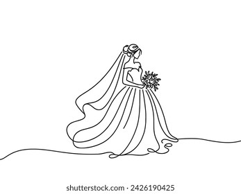 vector linear image of a bride with a bouquet on a white background