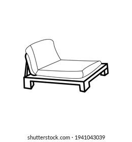 Vector linear image of a chaise lounge for vacation or travel and trip at sea for black and white print on postcards and items