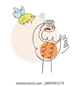 Vector linear image of a chicken with a bee. Modern art of continuous lines, aesthetic contour.