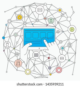 Vector linear image of the computer in hand with an internet connection and a series of linear icons