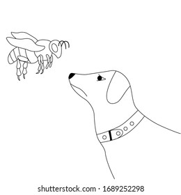 Vector linear image of a dog and wasp with thin black contours. For the design of stickers, phone cases, prints on t-shirts, bags, wrapping paper.