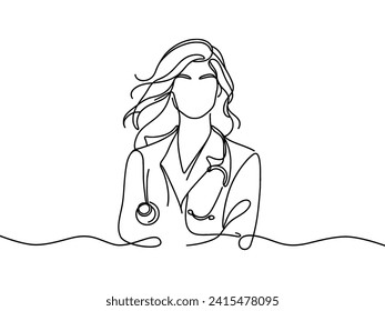 vector linear image of female doctor with stethoscope.