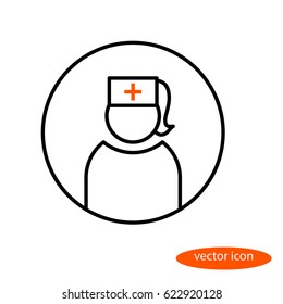 Vector linear image of female medical worker in headgear with cross, flat line icon.
