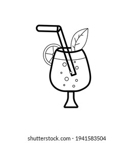 Vector linear image of fruit cocktail with a straw for vacation or travel and trip for black and white print on postcards and items