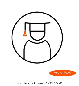 Vector linear image of a graduate of an educational institution in the master's cap, flat line icon.