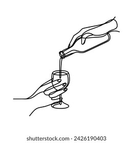 vector linear image of hands pouring wine into a glass on a white background