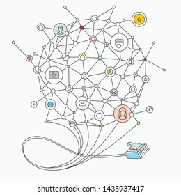 Vector linear image of the internet connection and a series of linear icons